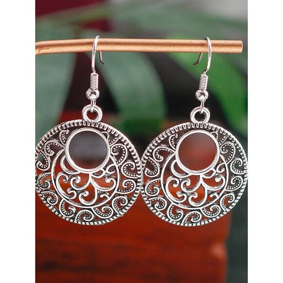 Silver Round Filigree Dangle Earrings Drop Hollow Pendant Lace Retro Boho Lghtwt - Picture 1 of 4